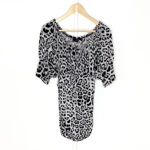 Y2K 2000s Grey Leopard Print Ruched Stretch Blouse Mall Goth Cheetah Shirt Sz XL